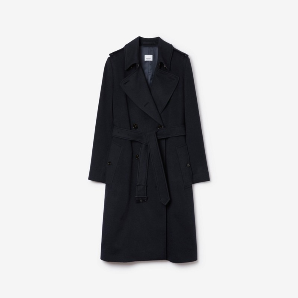 Burberry Cashmere Wool Blend Kensington Trench Coat Dark Blue UK4